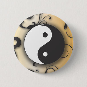 Black with Bronze Yin & Yang with scrolls 6 Cm Round Badge