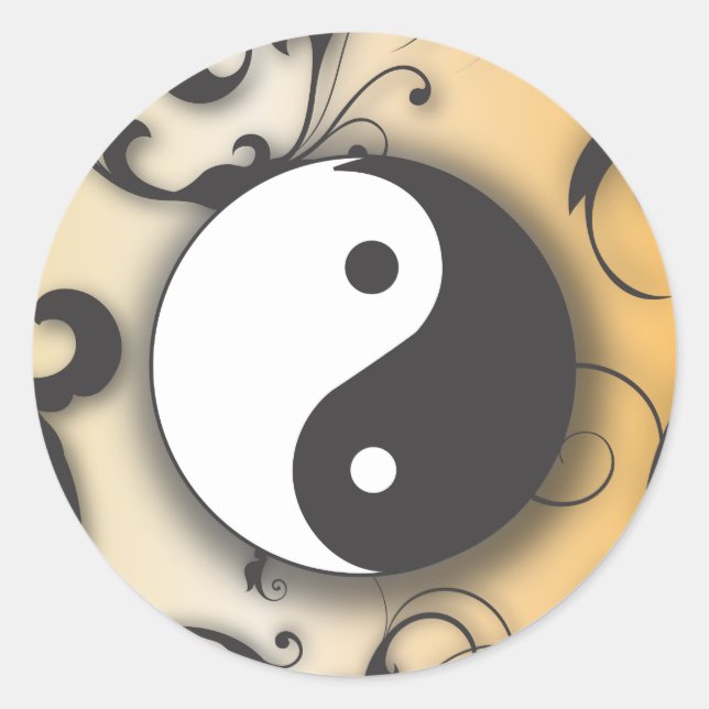 Black with Bronze Yin & Yang with scrolls Classic Round Sticker (Front)