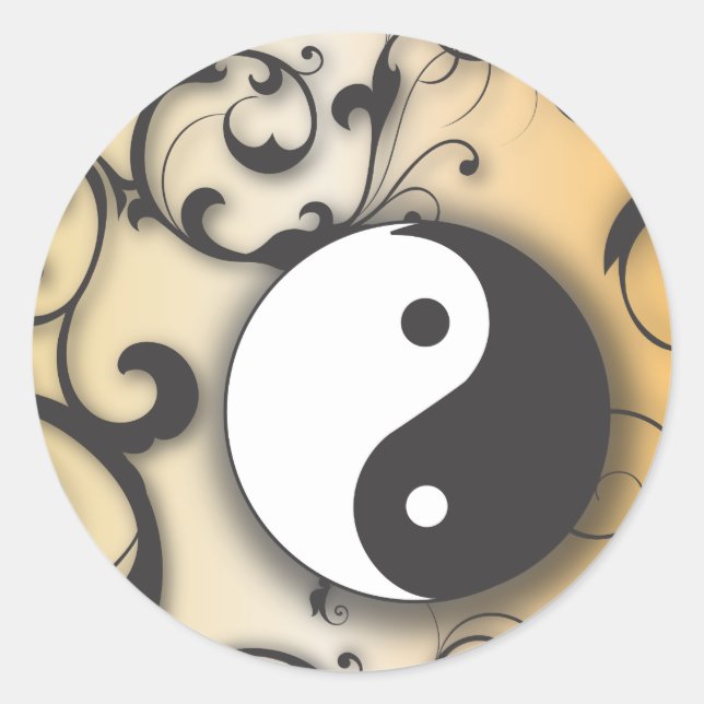 Black with Bronze Yin & Yang with scrolls Classic Round Sticker (Front)