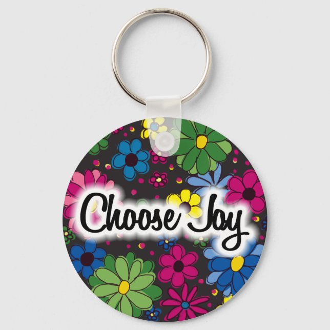 Black with Colourful Flowers Choose Joy Keychain (Front)
