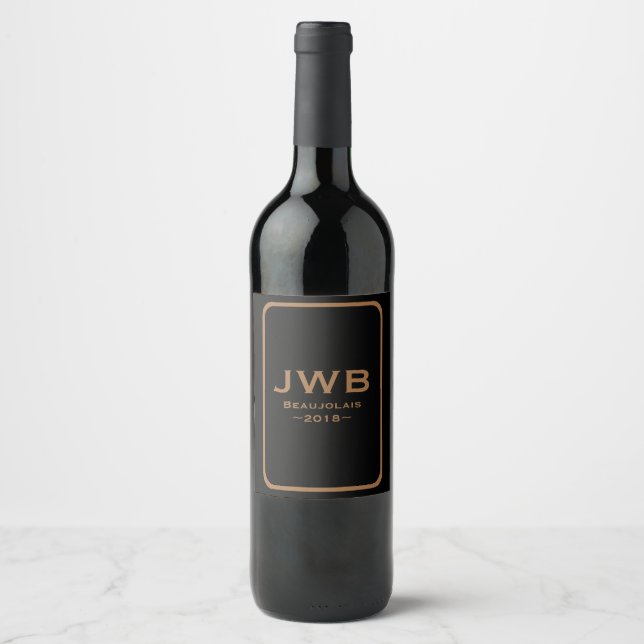 Black with Copper Monogram and Frame Wine Label (Front)