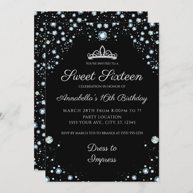 Black with Diamonds Birthday Invitations (Front/Back)