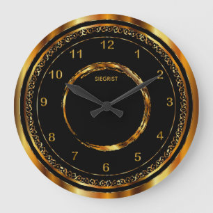 Black with Faux Metallic Gold Frame Large Clock