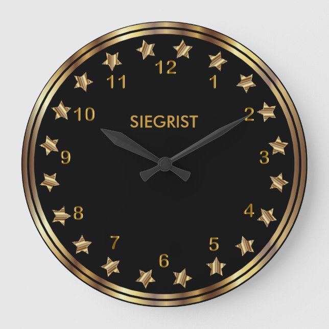 Black with Faux Metallic Gold Star Frame Large Clock (Front)