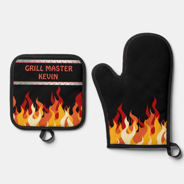 Black with Flames Grill Master Oven Mitt & Pot Holder Set (Front)