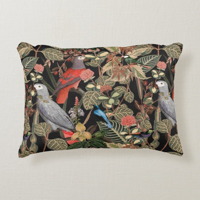 Black with Floral Bird Art Decorative Cushion (Front)