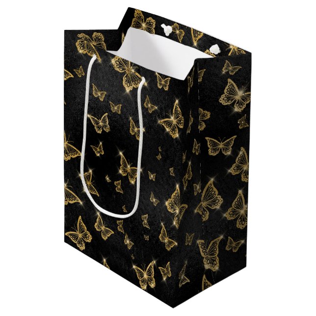 BLACK WITH GOLD BUTTERFLIES MEDIUM GIFT BAG (Front Angled)