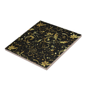 Black With Gold Floral Fabric Pattern Tile