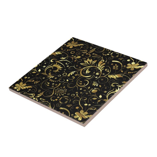 Black With Gold Floral Fabric Pattern Tile (Side)