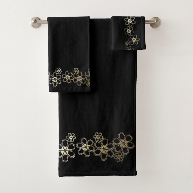Black with Gold Flowers Bath Towel Set (Insitu)