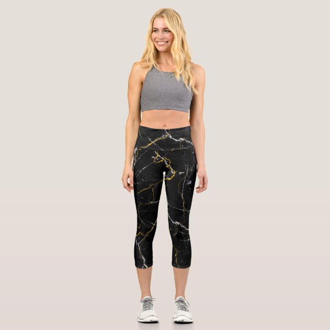 Black with gold foil marble pattern  capri leggings (Front)
