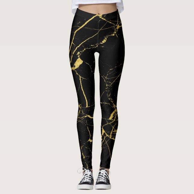Black with Gold Foil Marble Pattern Leggings (Front)
