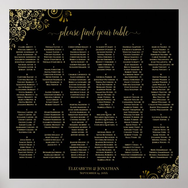Black with Gold Frills Alphabetical Seating Chart (Front)