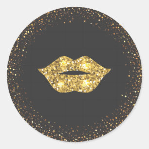 Black with Gold Glitter and Gold Lips Classic Round Sticker
