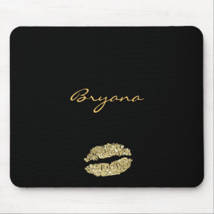 Black with Gold Glitter Kiss Lips Mouse Pad