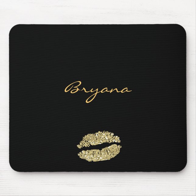 Black with Gold Glitter Kiss Lips Mouse Pad (Front)