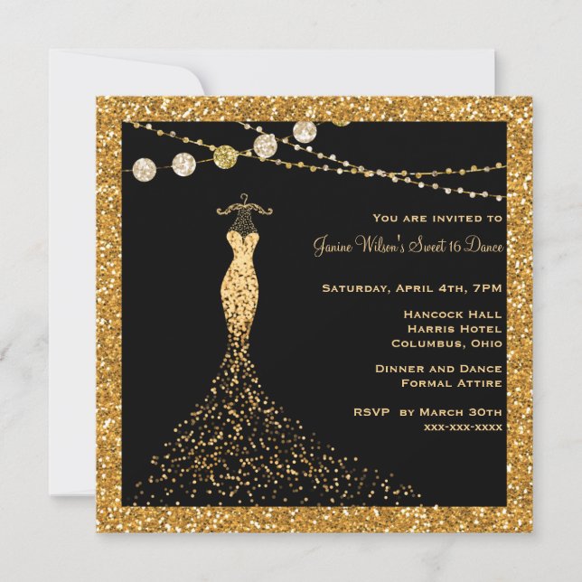 Black with Gold Glitter Sweet 16 Invitation (Front)