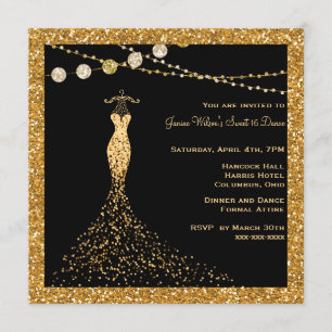 Black with Gold Glitter Sweet 16 Invitation