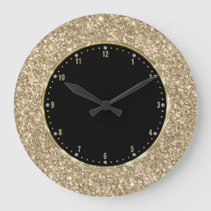 Black With Gold Glitter Texture Print Large Clock