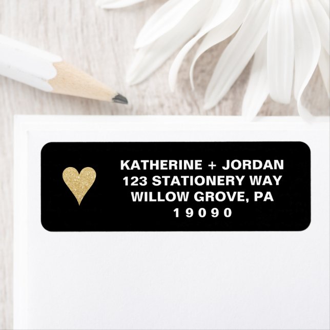 Black with Gold Heart Wedding Return Address Label (Insitu)