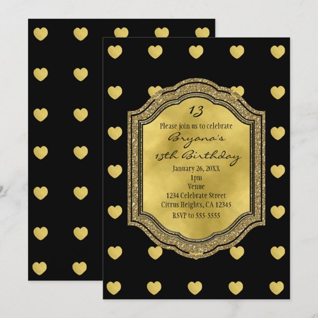Black with Gold Hearts Birthday Party Invitations (Front/Back)