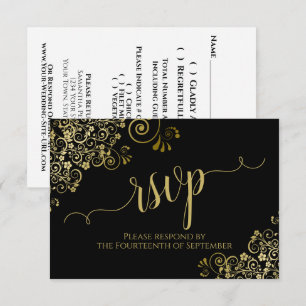 Black with Gold Lace Elegant Calligraphy Wedding RSVP Card