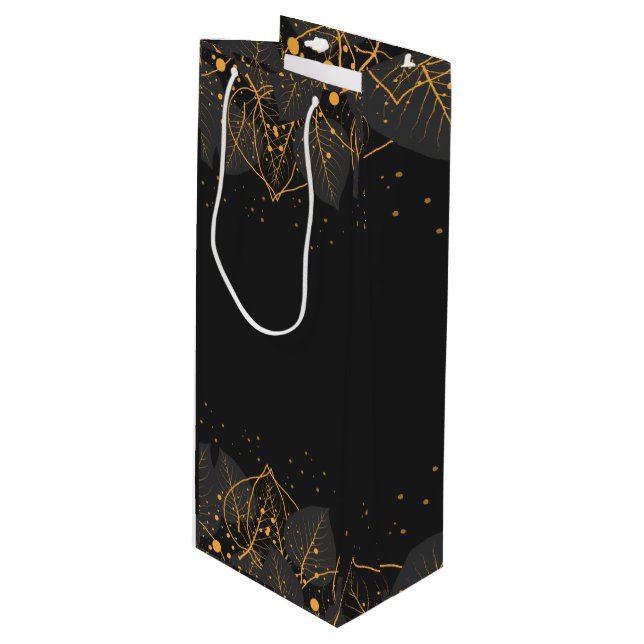 Black with Gold Leaf Border Wine Gift Bag (Front Angled)