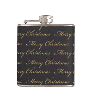 BLACK WITH GOLD MERRY CHRISTMAS IN SCRIPT HIP FLASK