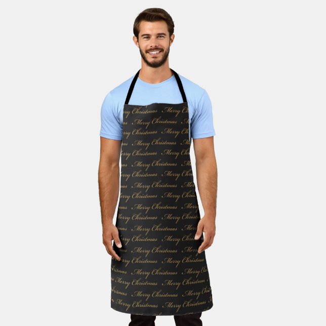 BLACK WITH GOLD MERRY CHRISTMAS SCRIPT APRON (Worn)