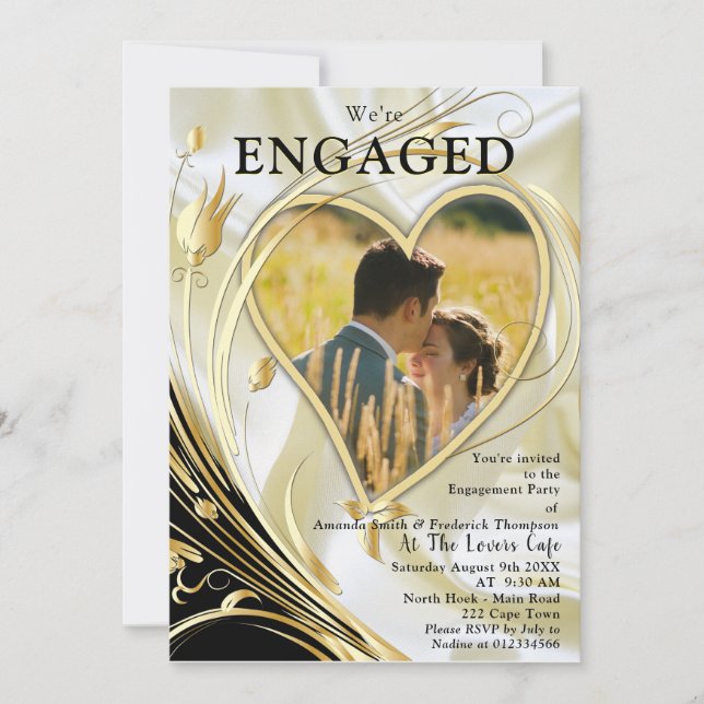 Black with Gold on Champagne Silk Engagement Invitation (Front)