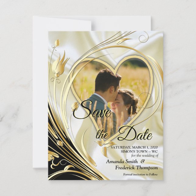 Black with Gold on Champagne Silk  Save the Date Announcement (Front)