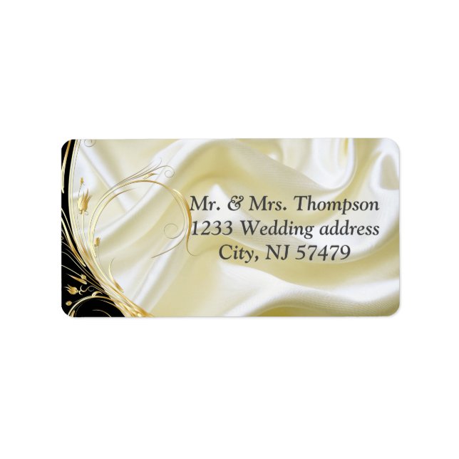 Black with Gold on Champagne Silk Wedding Labels (Front)