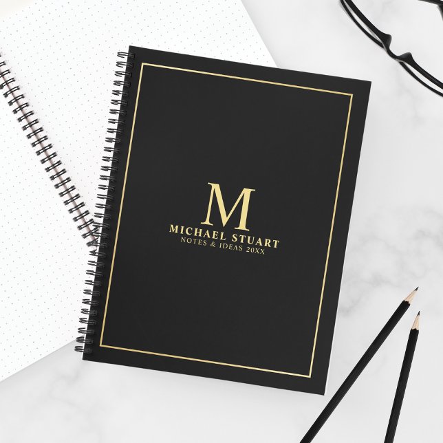 Black with Gold Personalised Monogram and Name Notebook (Creator Uploaded)