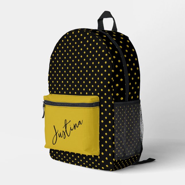 Black with Gold Polka Dots Personalised  Printed Backpack (Back Corner Right)
