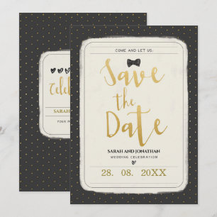 Black with gold polka dots wedding save the date