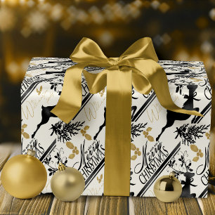 Black With Gold Reindeer & Name Merry Christmas Wrapping Paper