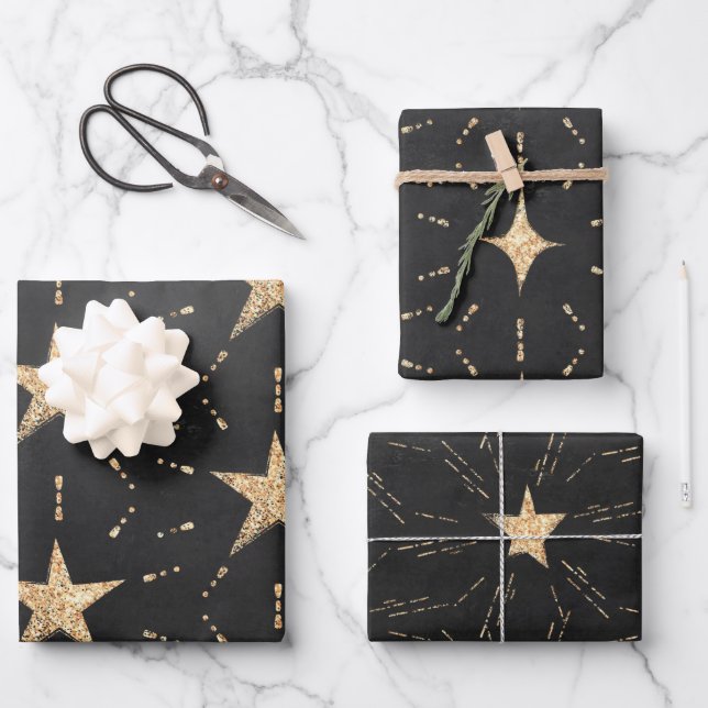 Black With Gold Starbursts & Stardust Elegant Wrapping Paper Sheet (Front)