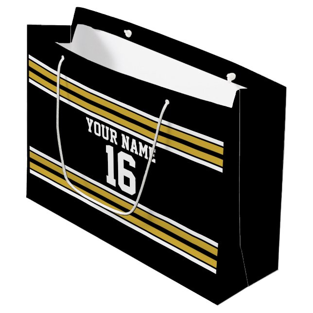 Black with Gold White Stripes Team Jersey Large Gift Bag (Front Angled)