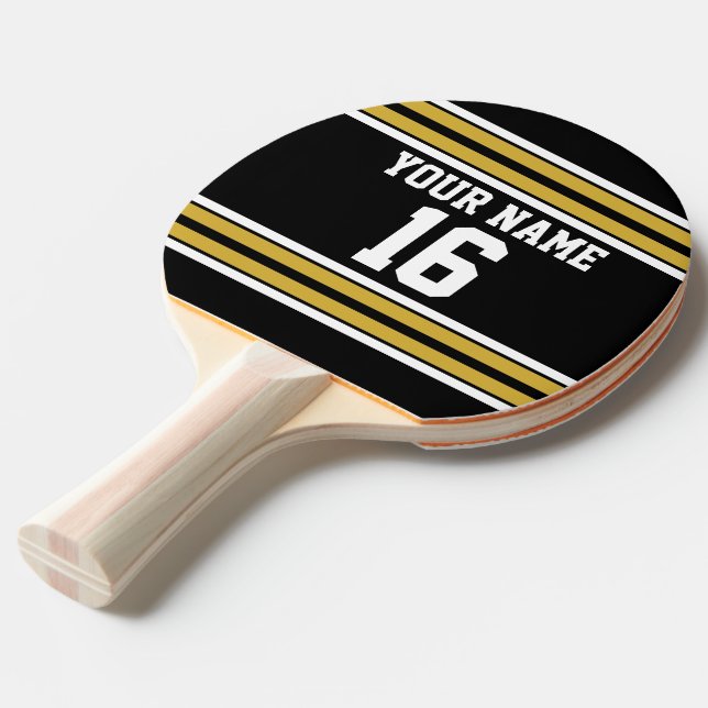 Black with Gold White Stripes Team Jersey Ping Pong Paddle (Front Angle)