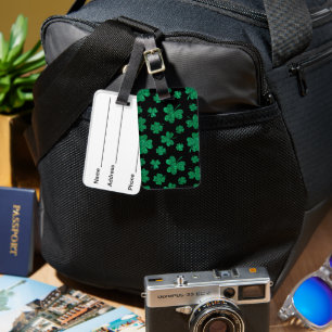 BLACK WITH GREEN GLITTER LOOK IRISH SHAMROCKS LUGGAGE TAG