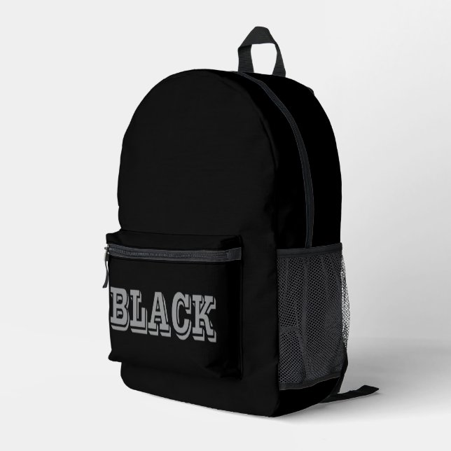 Black With Grey Text On Black Solid Colour Printed Backpack (Back Corner Right)