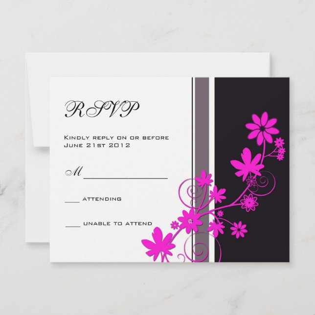 Black with Hot Pink Flower Wedding RSVP Card (Front)
