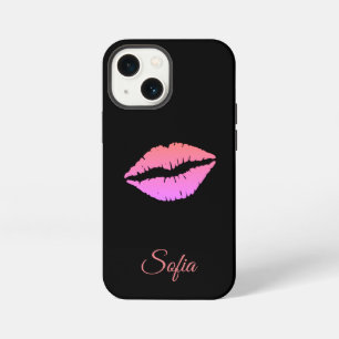 Black with lips iphone name customisation cover. 13 mini case