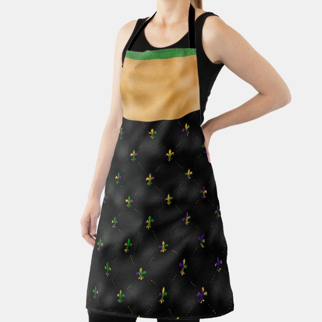 BLACK WITH MARDI GRAS FLEUR DI LIS & STRIPES APRON (Insitu)