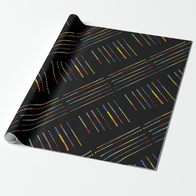 Black with multi coloured patterns wrapping paper (Unrolled)