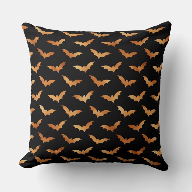 BLACK WITH ORANGE HALLOWEEN BATS CUSHION (Front)