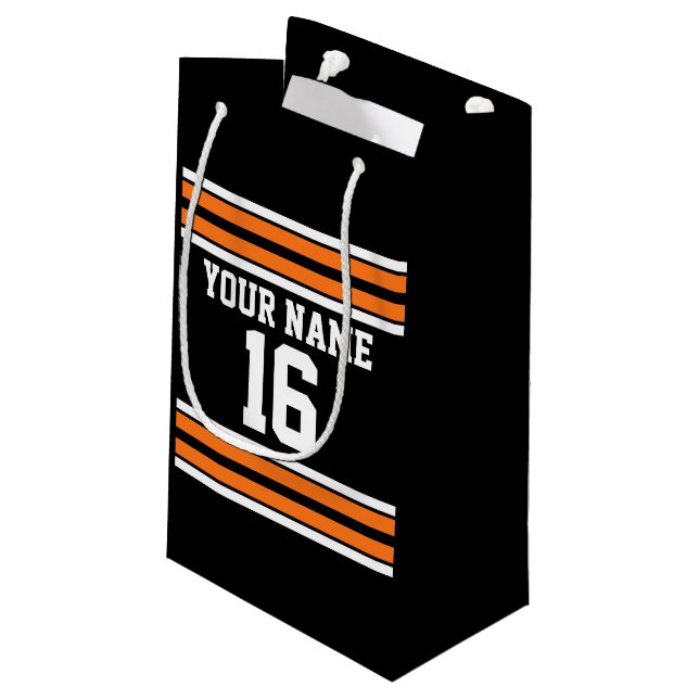 Black with Orange White Stripes Team Jersey Small Gift Bag (Back Angled)