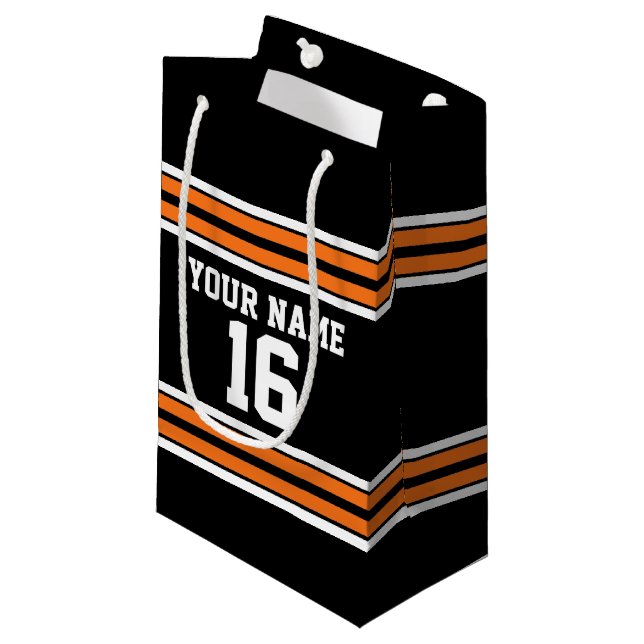 Black with Orange White Stripes Team Jersey Small Gift Bag (Front Angled)