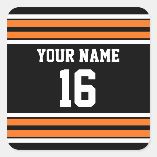 Black with Orange White Stripes Team Jersey Square Sticker (Front)