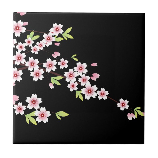 Black with Pink and Green Cherry Blossom Sakura Ceramic Tile (Front)